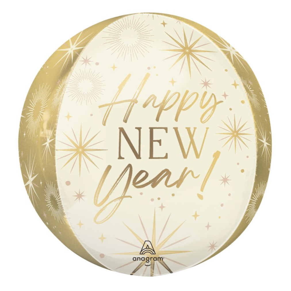 Happy New Year balloon with gold text and star designs on a white background