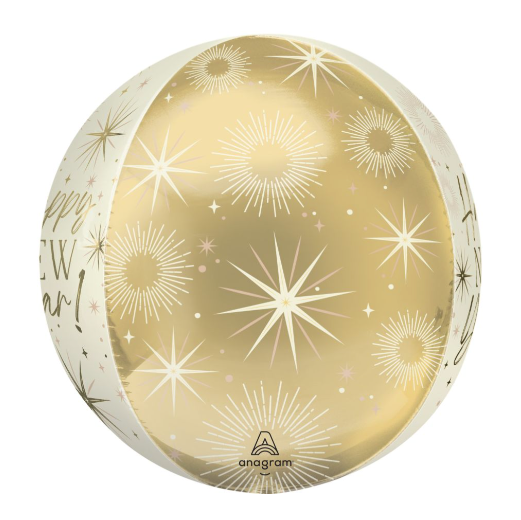 Gold balloon with star patterns and 'Happy New Year!' text on a white background
