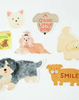 Set of dog-themed stickers on a white background