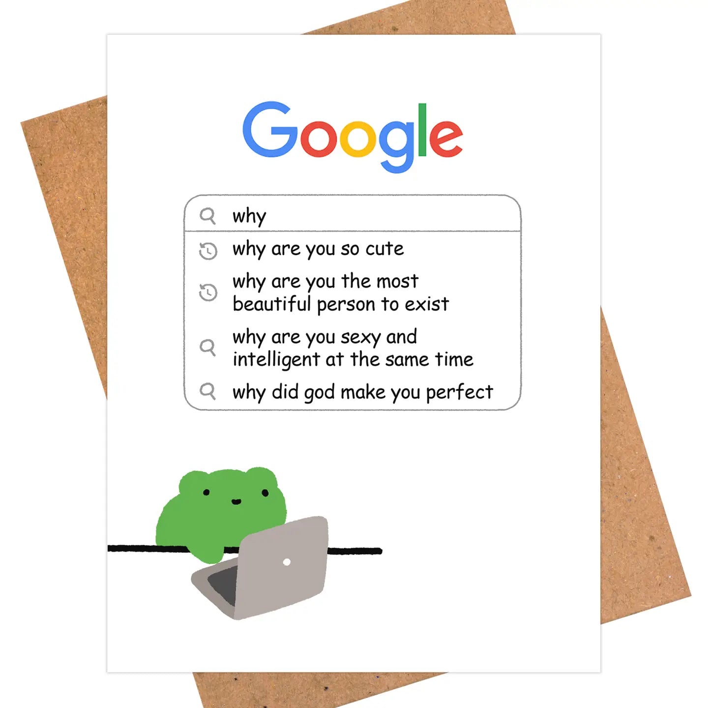 Card with Google search query humor and a frog on a laptop
