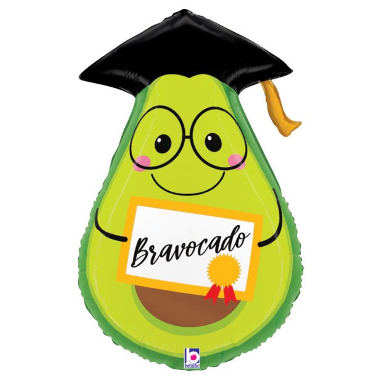 Avocado-shaped balloon with a graduation cap and 'Bravocado' sign on a white background