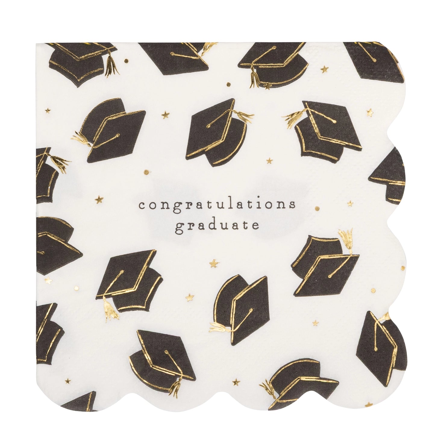 Graduation-themed paper plates with black caps and gold accents on a white background, featuring the text 'Congratulations graduate'.