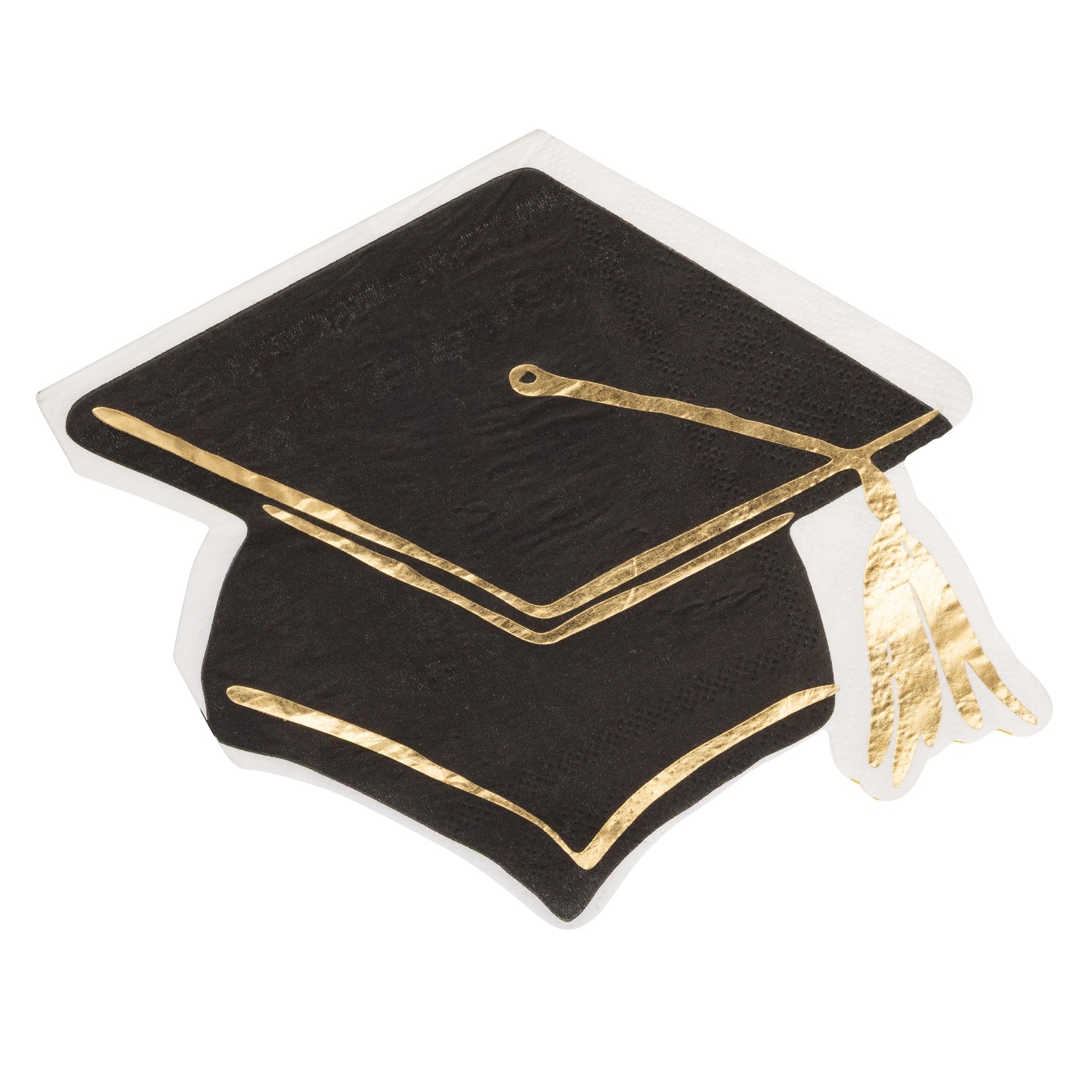 Graduation cap napkins with gold accents on a white background