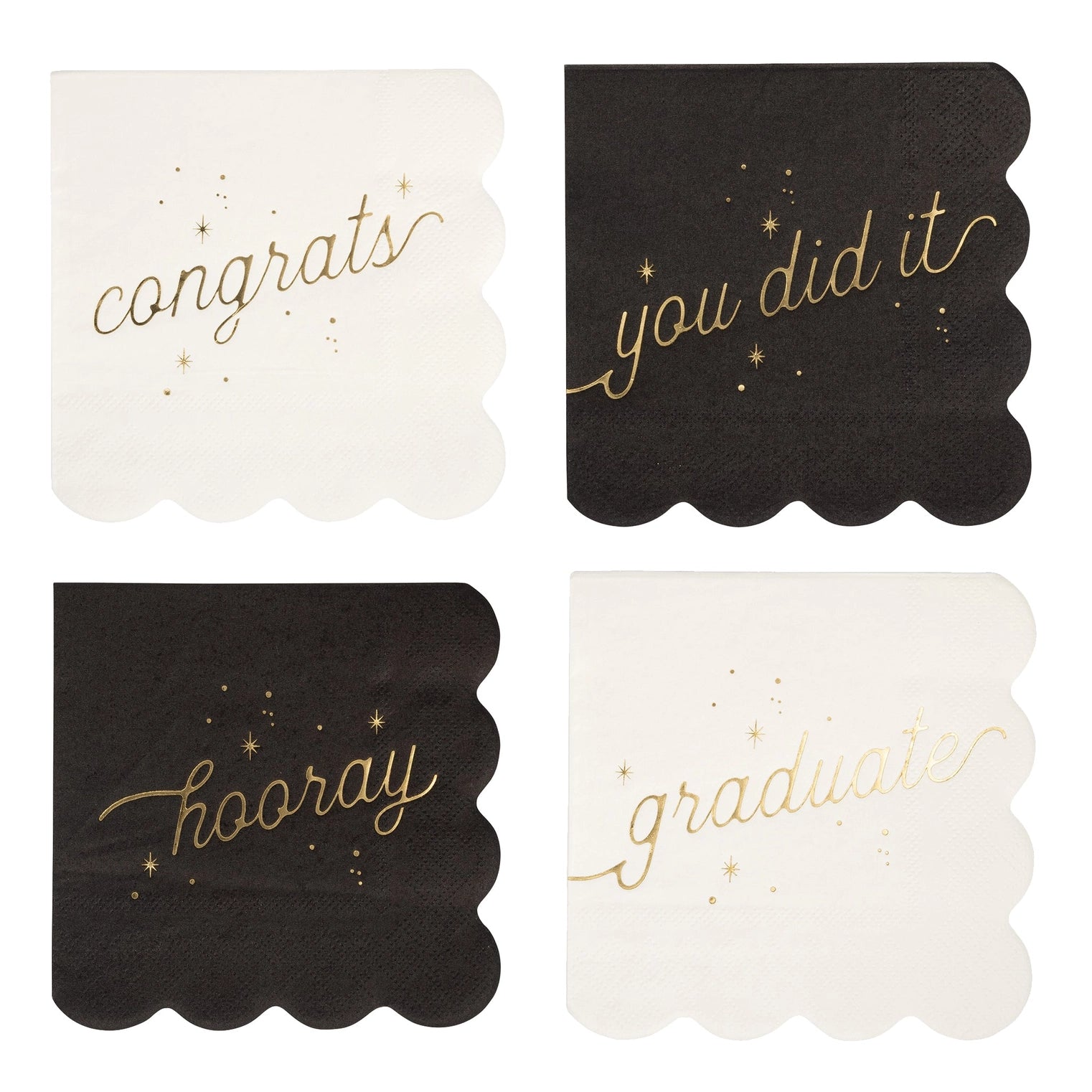Set of four black and white napkins with gold text on a white background, "CONGRATS," "HOORAY," "GRADUATE," and "YOU DID IT"