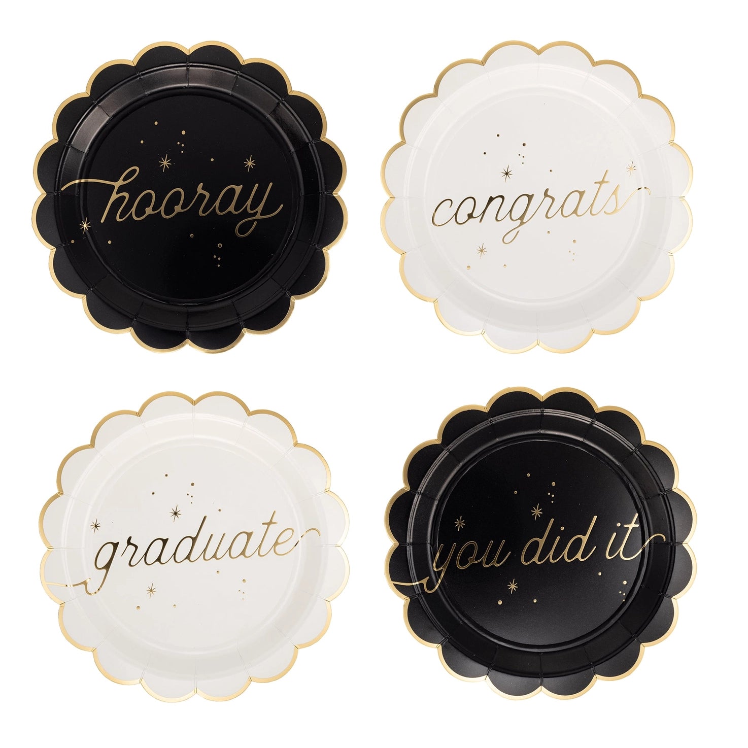 4 paper plates with messages: hooray, congrats, graduate, you did it in various colors