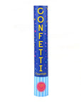 A tall, cylindrical confetti fountain with blue packaging, featuring the word 'CONFETTI' in bold letters, and a multicolored mix of confetti shapes such as stars and hearts displayed at the top.