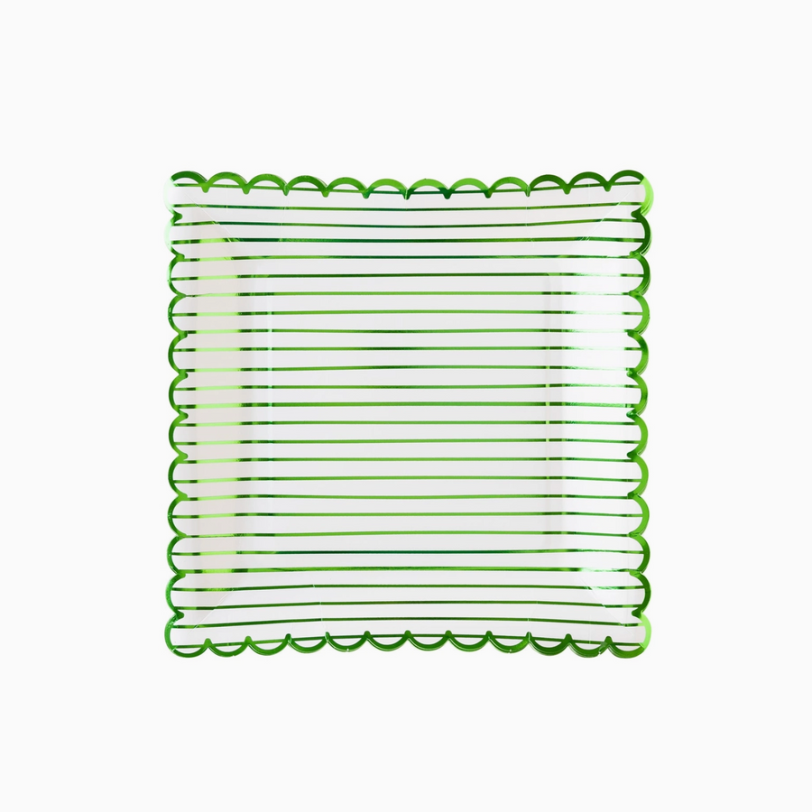 Green Striped Scalloped Paper Plate