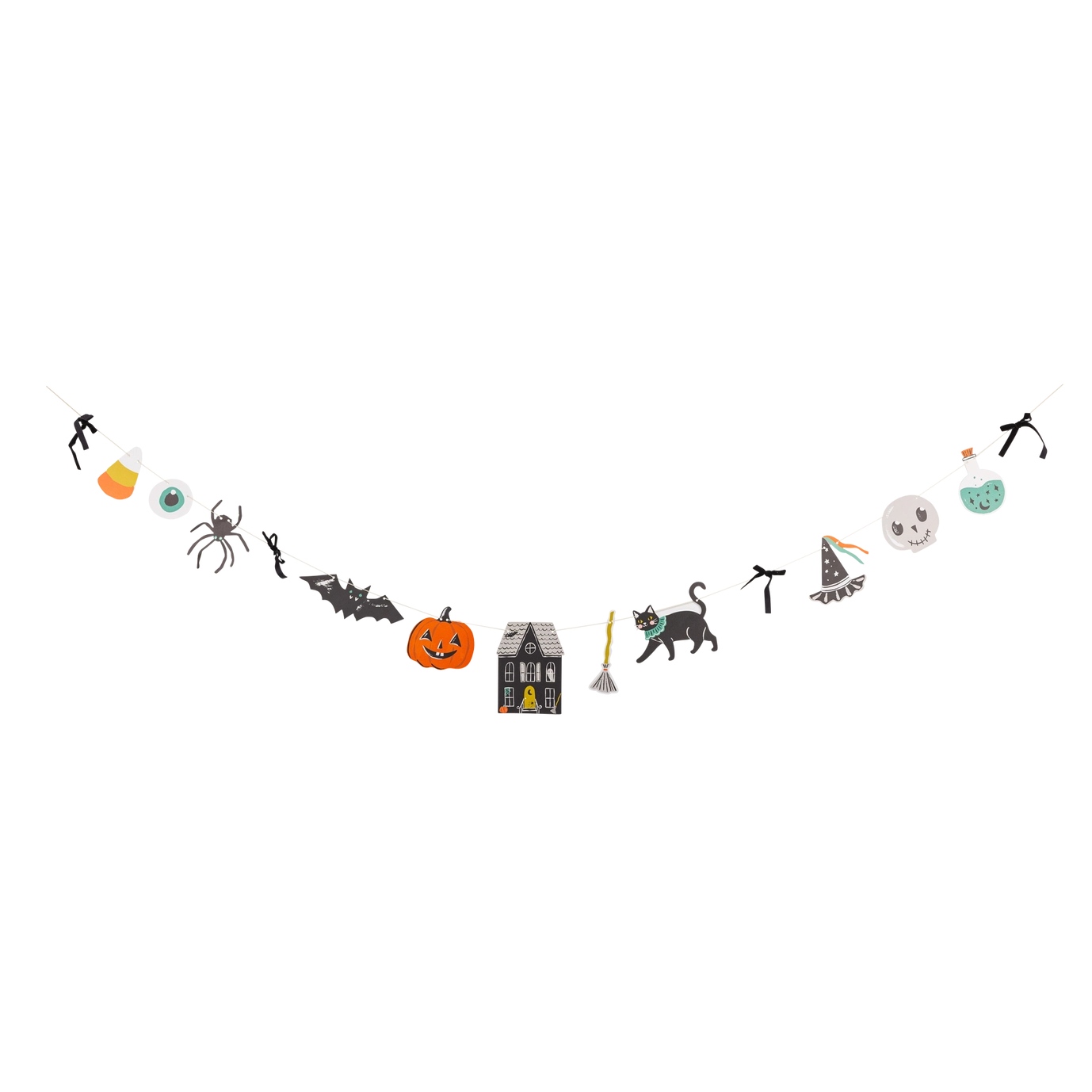 Halloween-themed garland banner with small illustrated icons including a jack-o'-lantern, spider, bat, witch hat, skull, cat, and ghosts, strung along a thin cord against a plain white background.