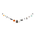 Halloween-themed garland banner with small illustrated icons including a jack-o'-lantern, spider, bat, witch hat, skull, cat, and ghosts, strung along a thin cord against a plain white background.