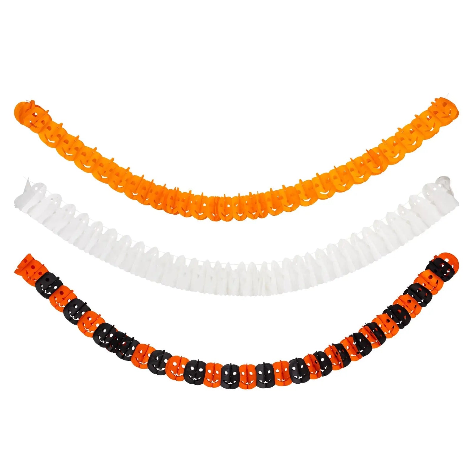 Three decorative garland strands on a plain white background: one orange pumpkins, one white ghosts, and one alternating orange and black pumpkins