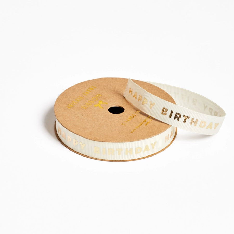 Happy Birthday Cream Grosgrain Ribbon with Gold Foil