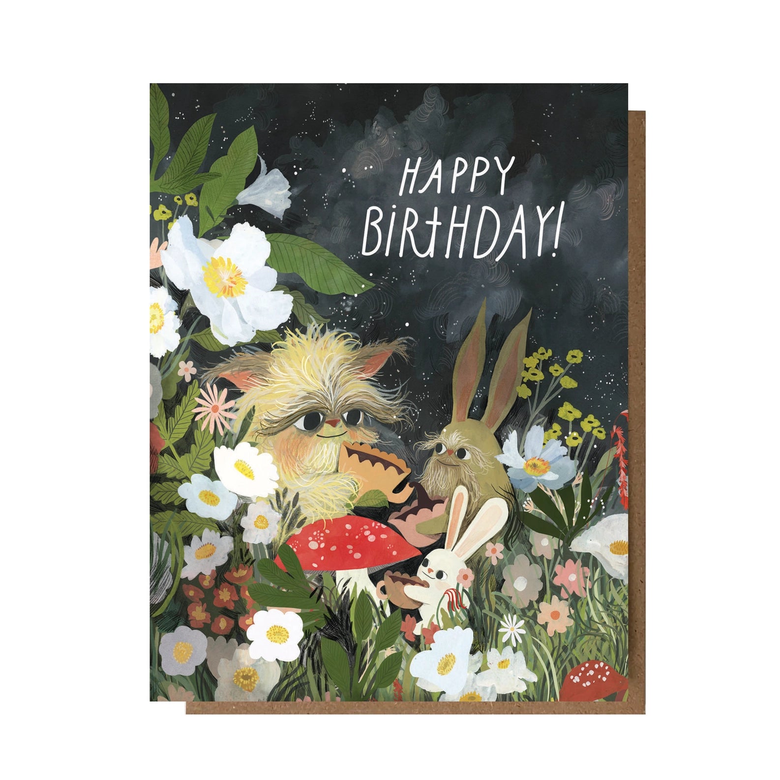Birthday card with cartoon characters and flowers on a dark background