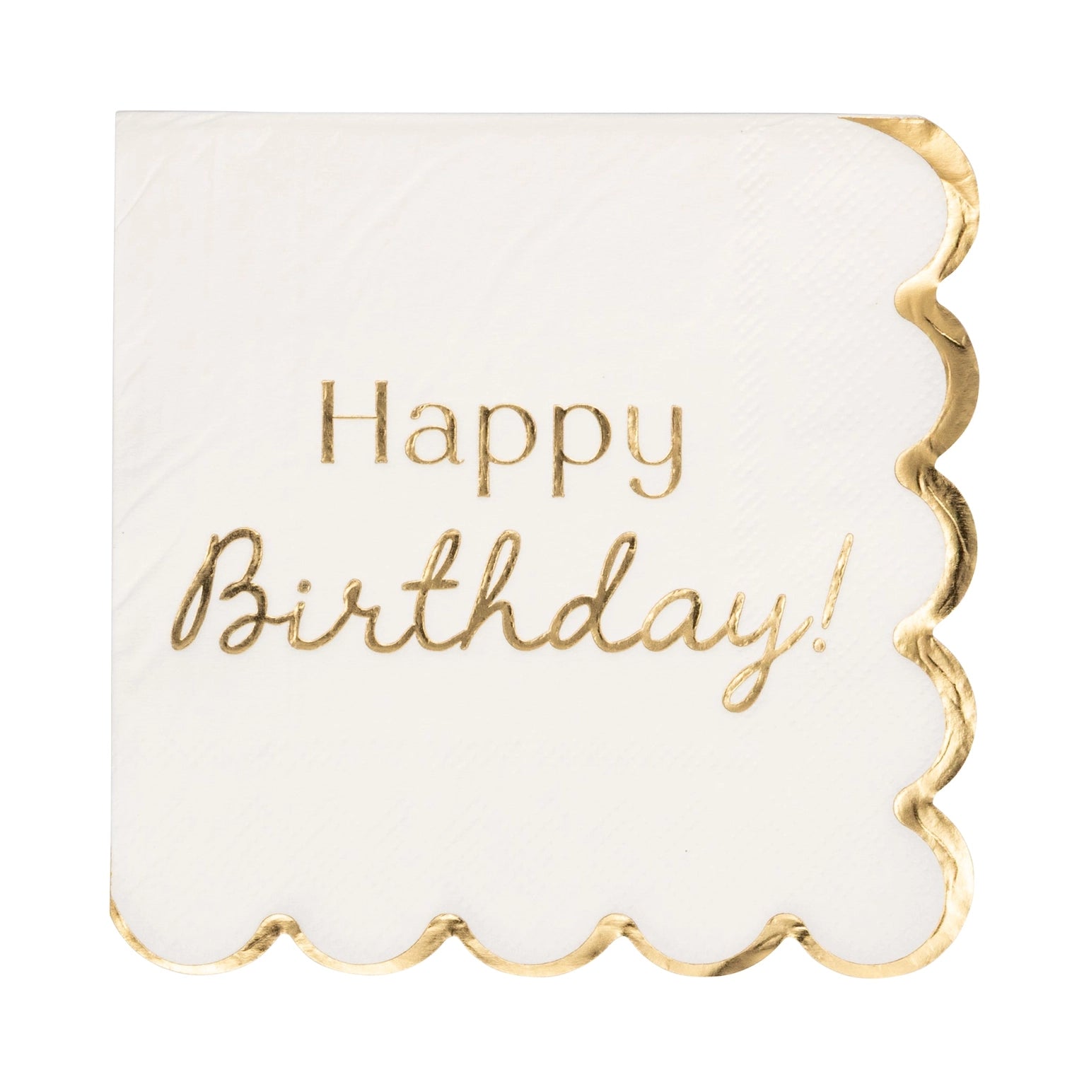 White scalloped napkin with gold 'Happy Birthday!' text on a white background