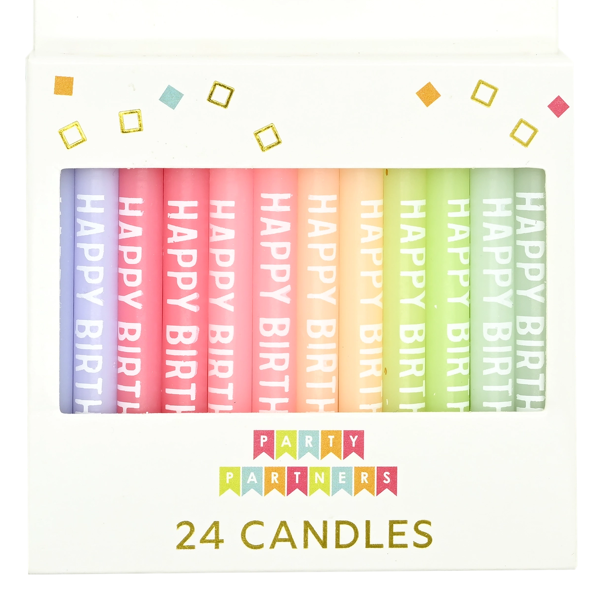 Set of colorful birthday candles with 'Happy Birthday' text on a white background