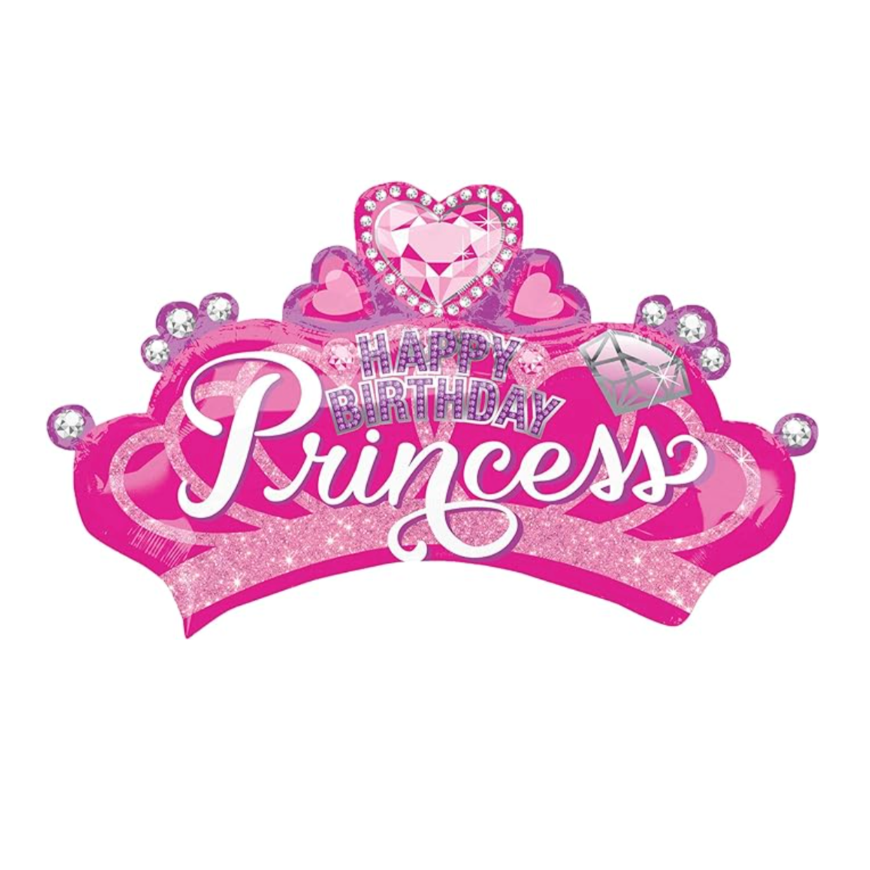 A pink mylar balloon shaped like a royal tiara with the words 'HAPPY BIRTHDAY PRINCESS' written on it, decorated with glitter and heart shapes.