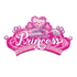 A pink mylar balloon shaped like a royal tiara with the words 'HAPPY BIRTHDAY PRINCESS' written on it, decorated with glitter and heart shapes.