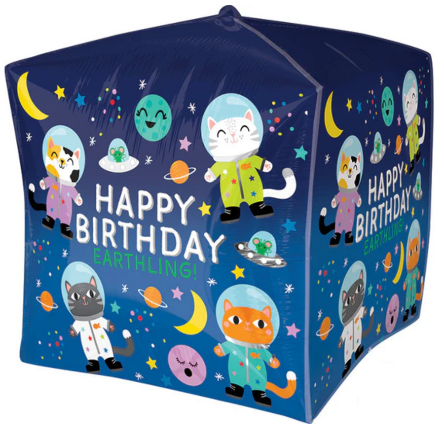 Happy Birthday Space Cats Cube Balloon