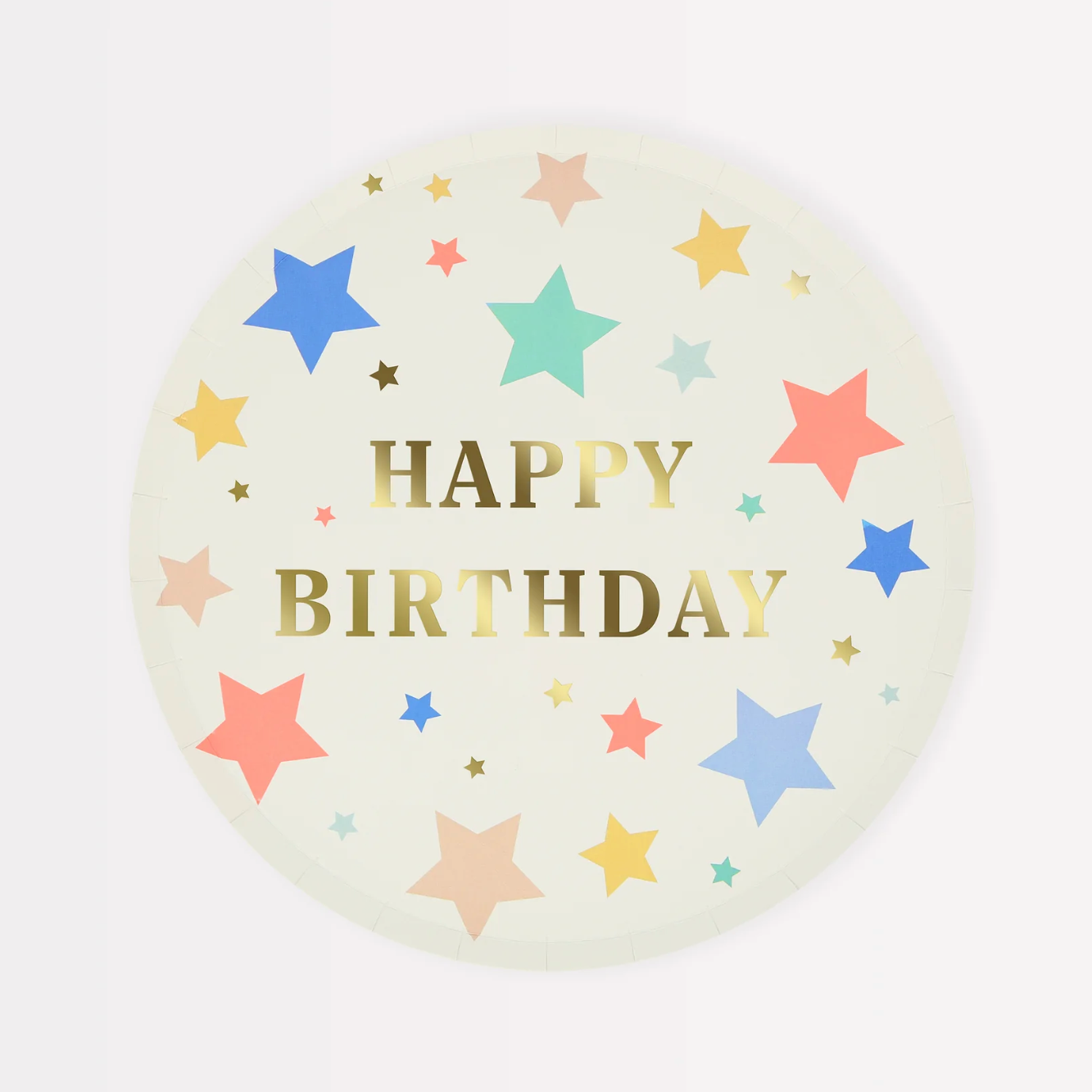 Birthday plate with gold foil lettering and rainbow stars
