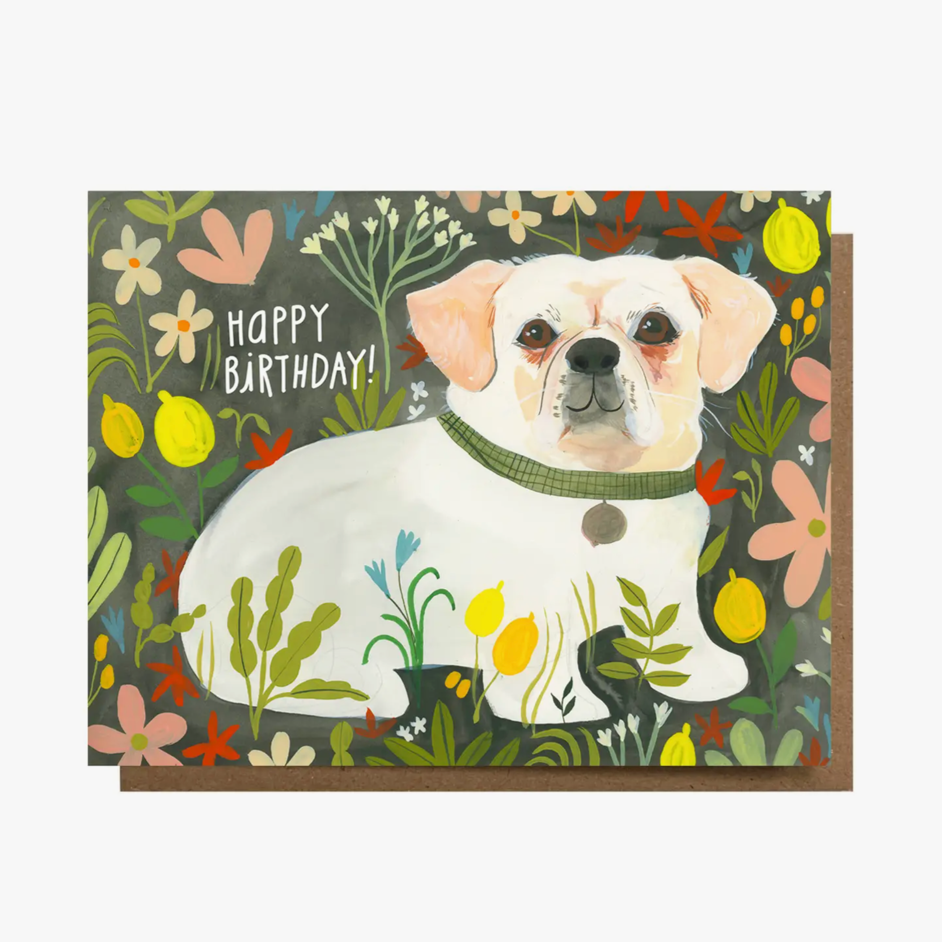 A colorful birthday card featuring an illustration of a white puppy dog with a happy birthday message and a floral pattern in the background.
