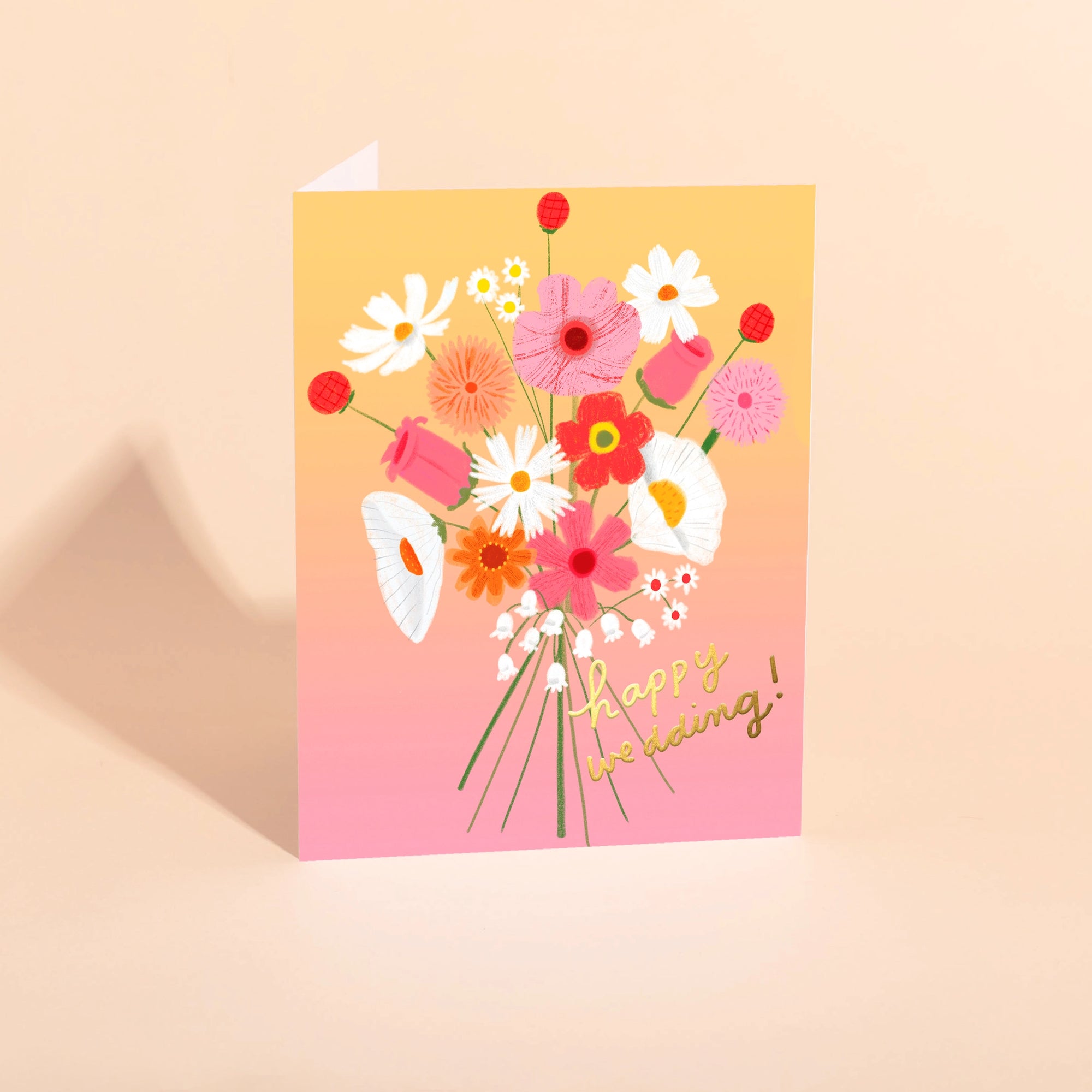 Greeting card with colorful floral design and 'Happy Wedding!' text on a gradient background
