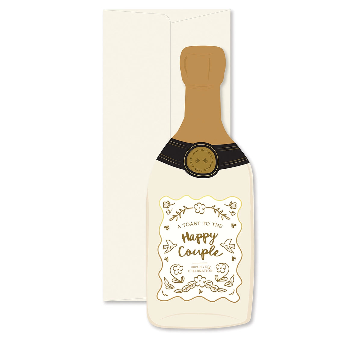 Greeting card shaped like a champagne bottle with 'Happy Couple' text on a white background
