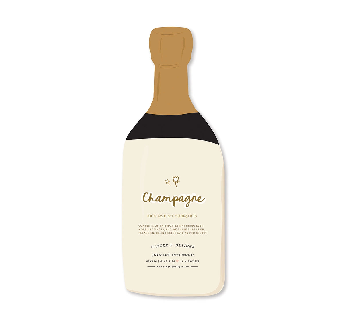 Greeting card shaped like a champagne bottle with text on a white background
