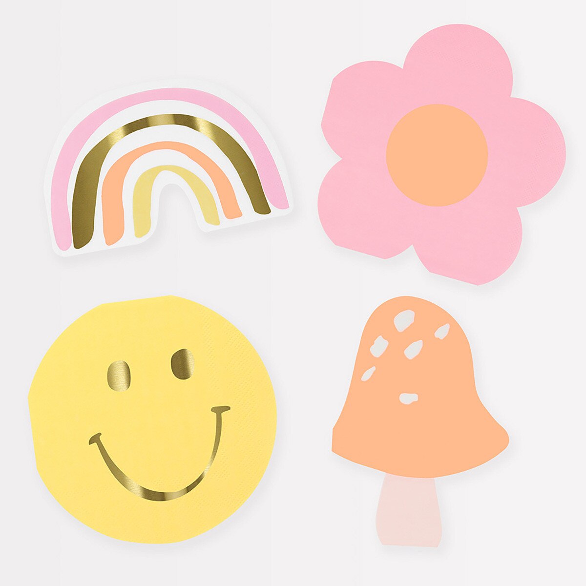 Set of napkins including a rainbow, flower, smiley face, and mushroom on a light gray background.