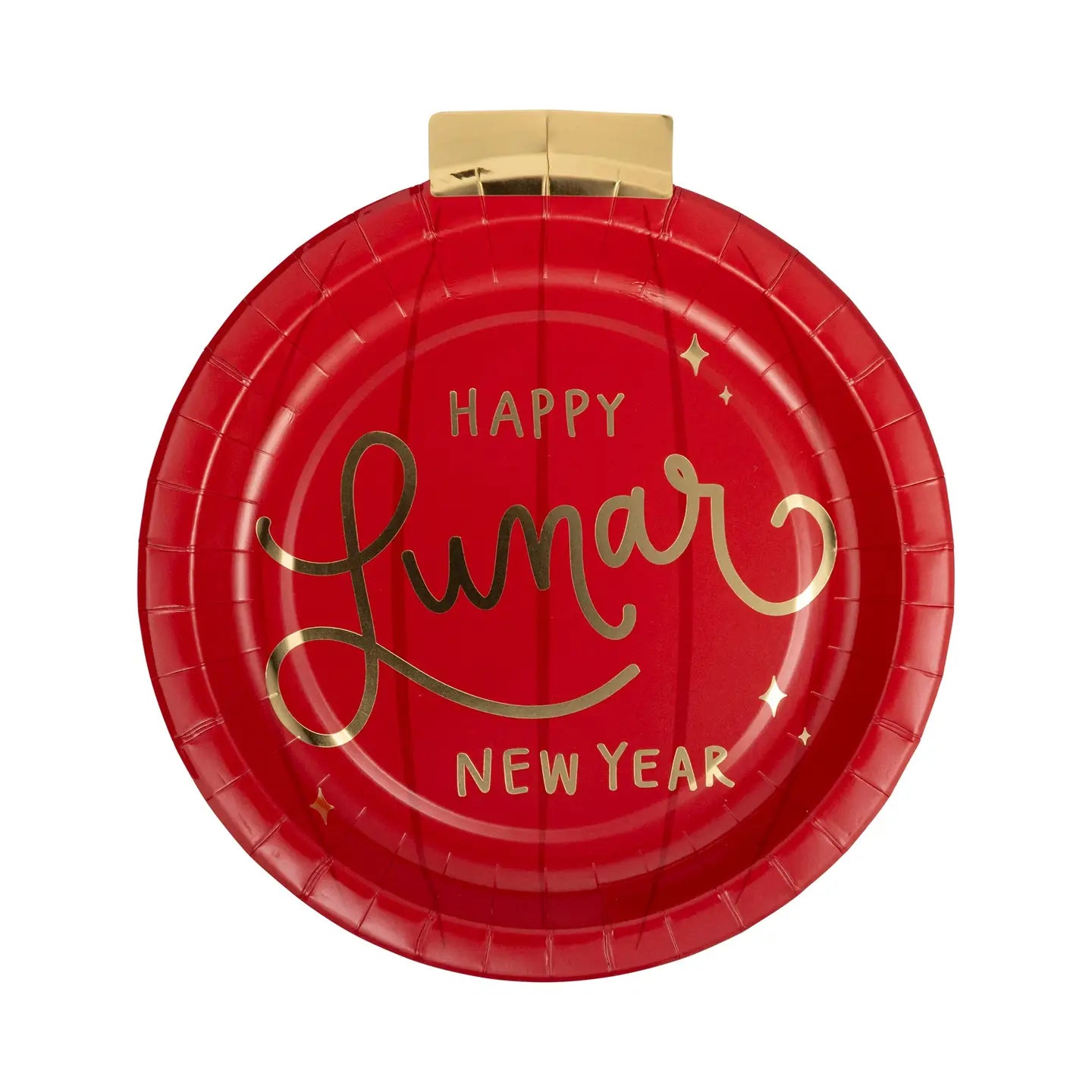 Red lantern paper plate with 'Happy Lunar New Year' text on a white background