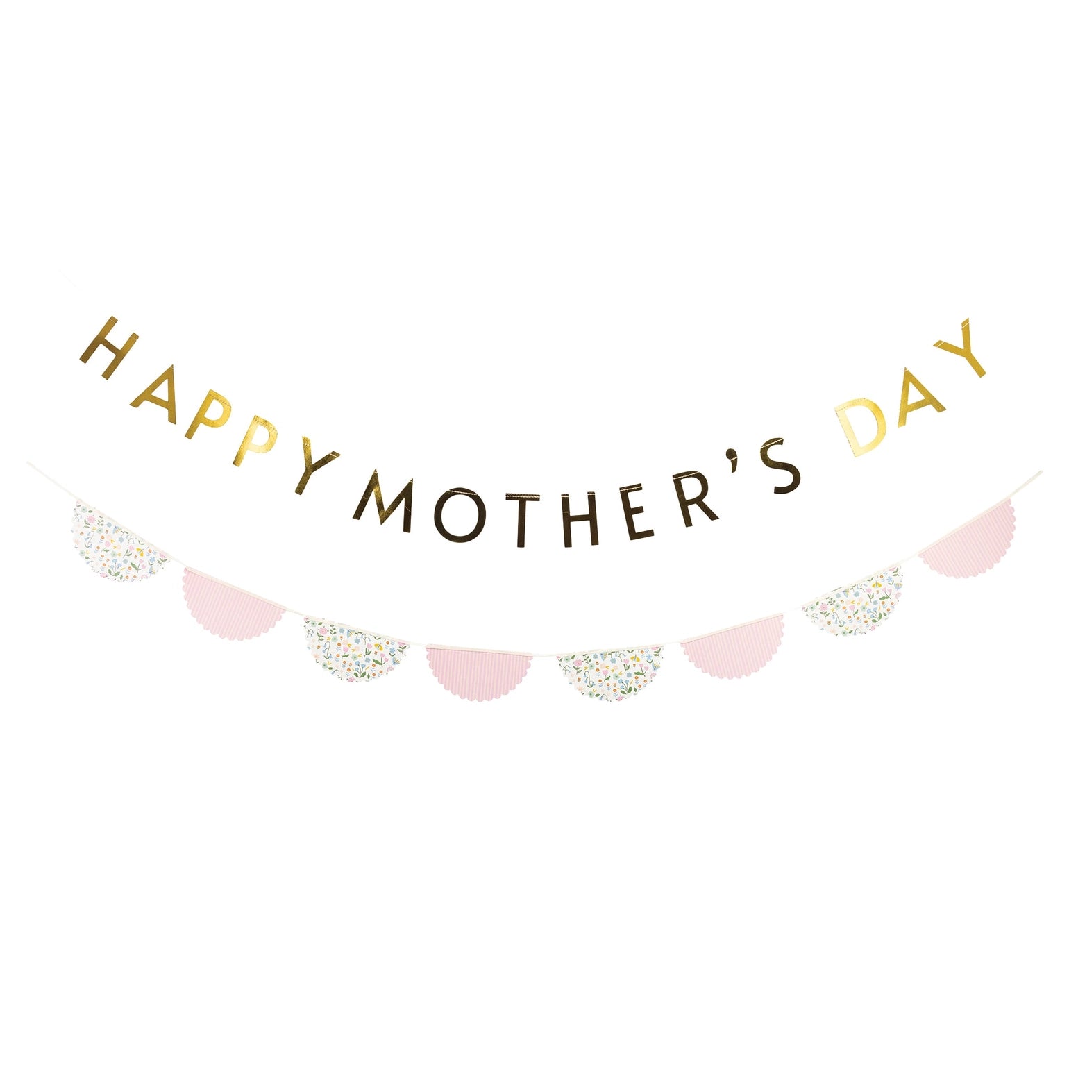 Decorative banner with 'Happy Mother's Day' text and bunting set on a white background