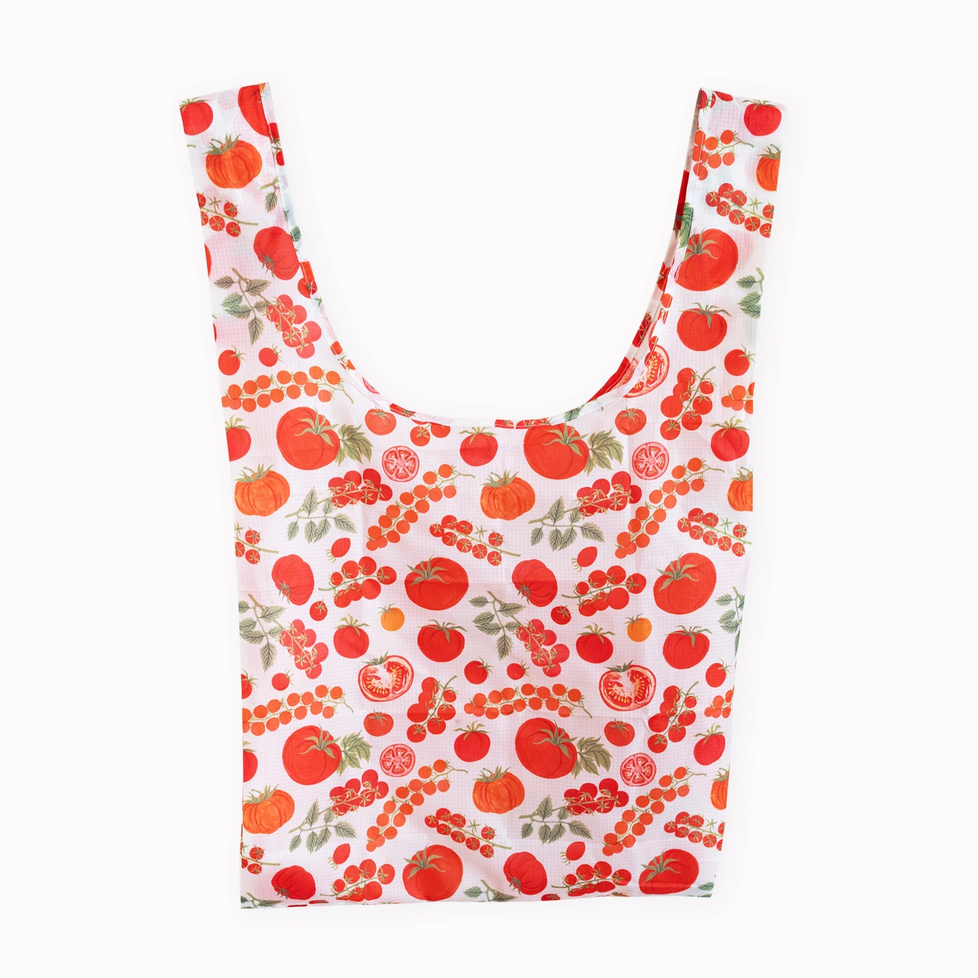 A reusable fabric shopping bag with a white background and an all-over print of red tomatoes, orange pumpkins, and green leaves, shown against a plain white background.