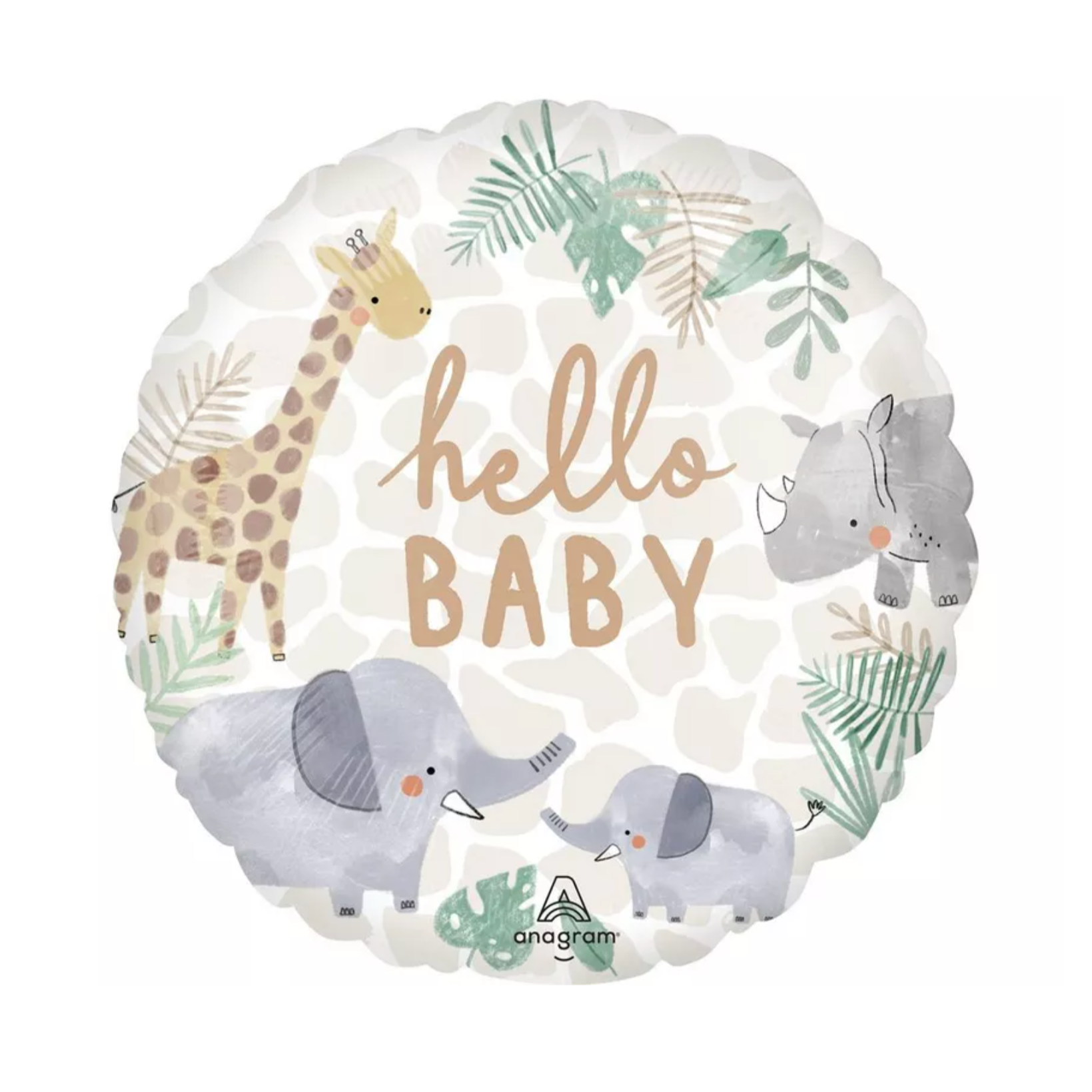 A round balloon with illustrations of a giraffe, elephant, and rhino surrounded by green foliage and the text 'Hello Baby'.