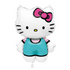 A Hello Kitty balloon in pink and teal colors, featuring the character with a large pink bow and teal dress.