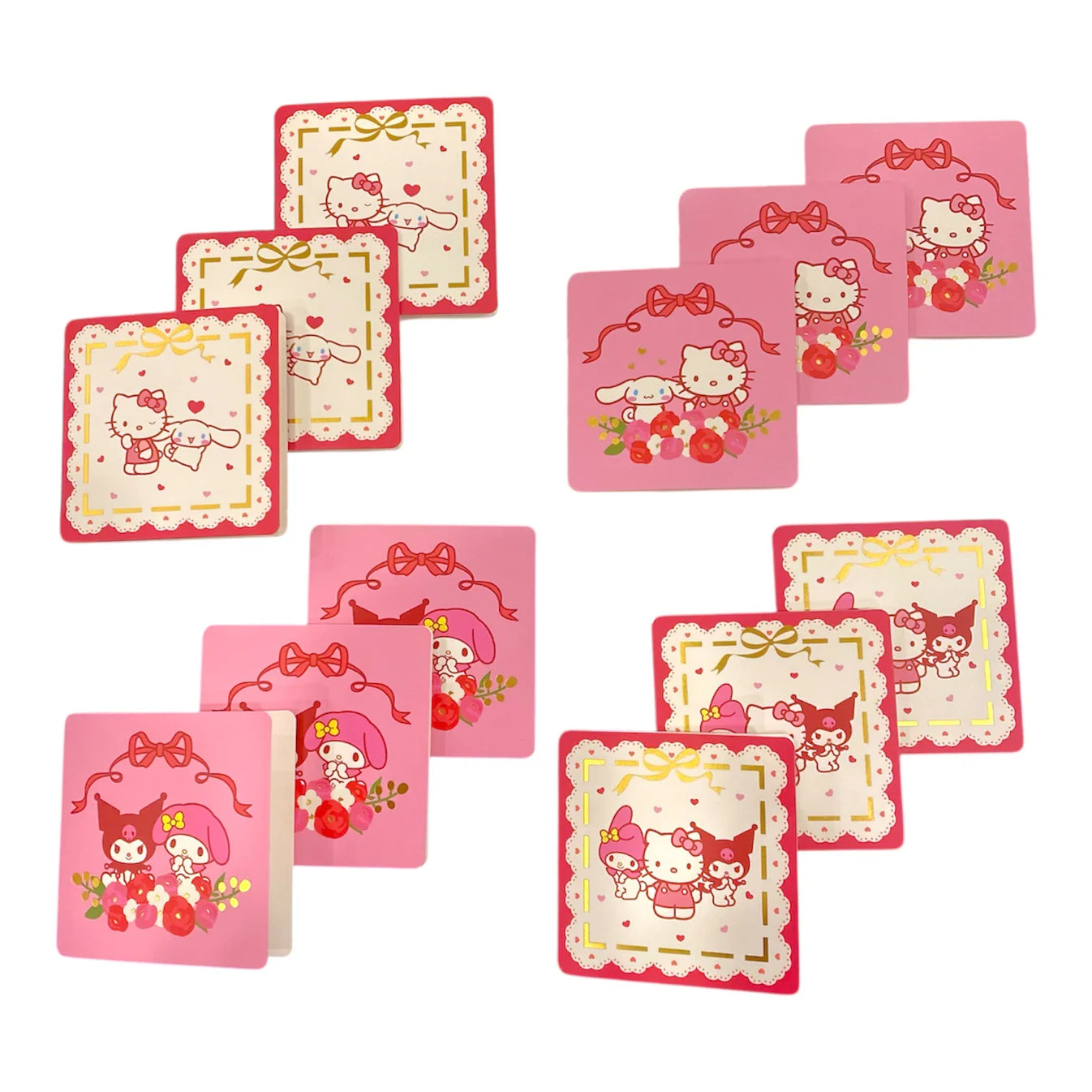 Hello Kitty and Friends mini note card designs in pink and red colors