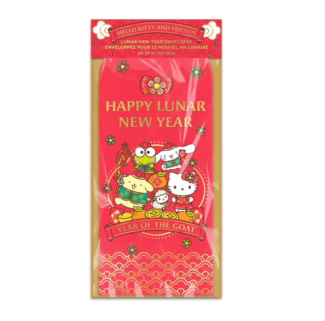 A red Hello Kitty and Friends Lunar New Year envelope package with gold foil text reading 'HAPPY LUNAR NEW YEAR' and 'YEAR OF THE GOAT,' featuring sanrio characters and decorative gold patterns on a white background.