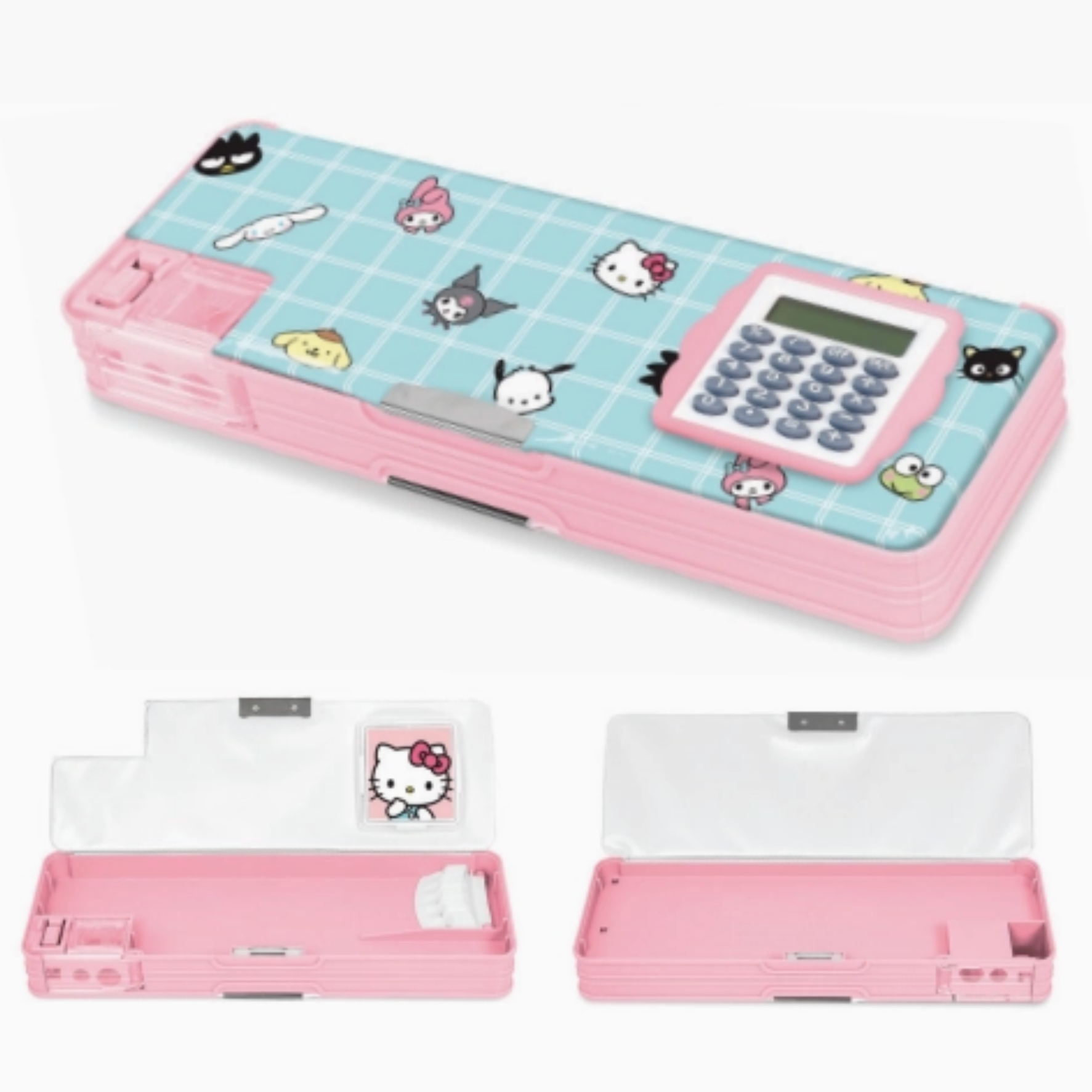 Hello Kitty and Friends blue and pink pencil case, with calculator and sharpener