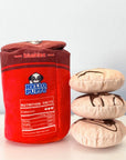 A set of three dog toy biscuits with a Hello Puppy design, stacked in a box with a Velcro closure.
