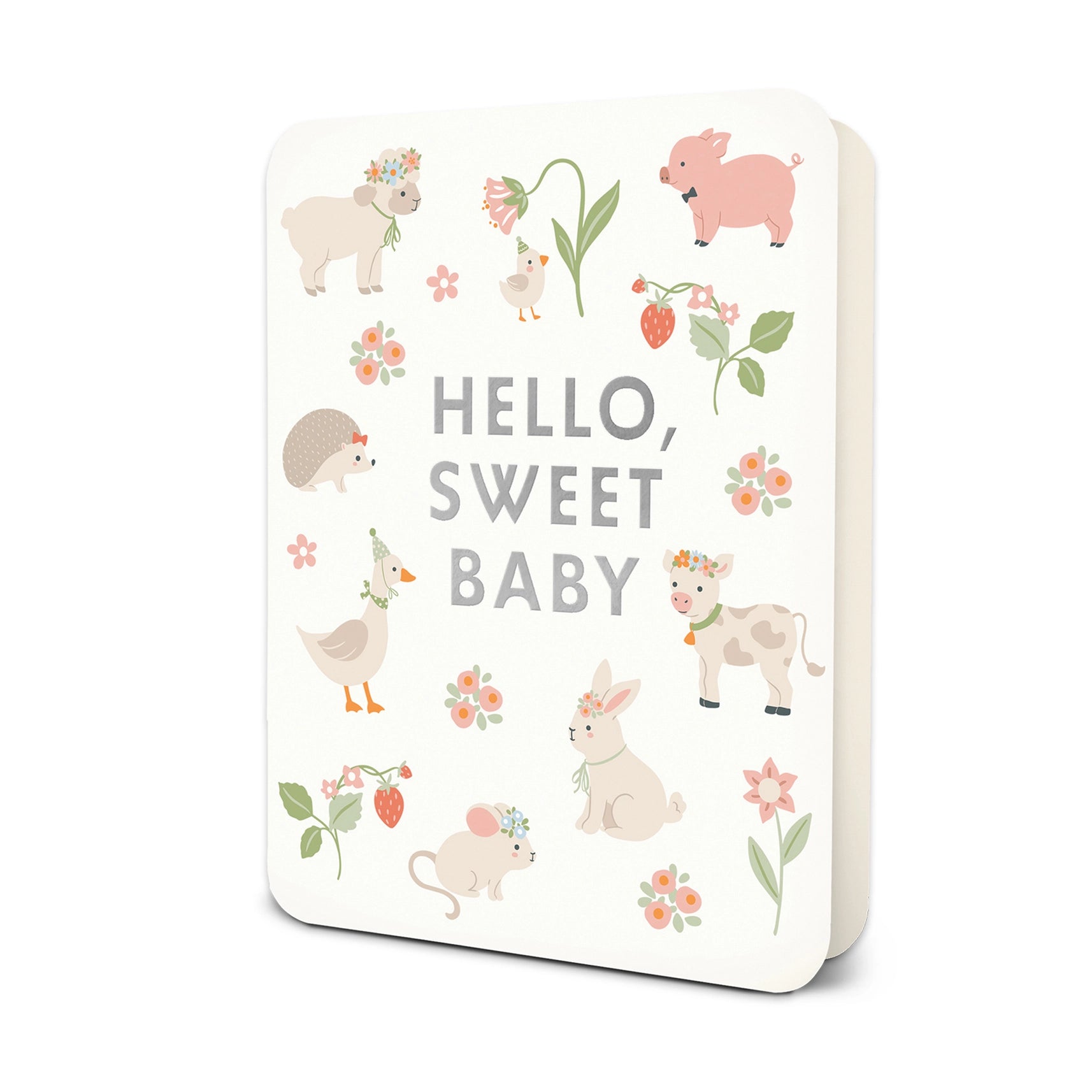 Card with baby animals and "Hello, Sweet Baby" text