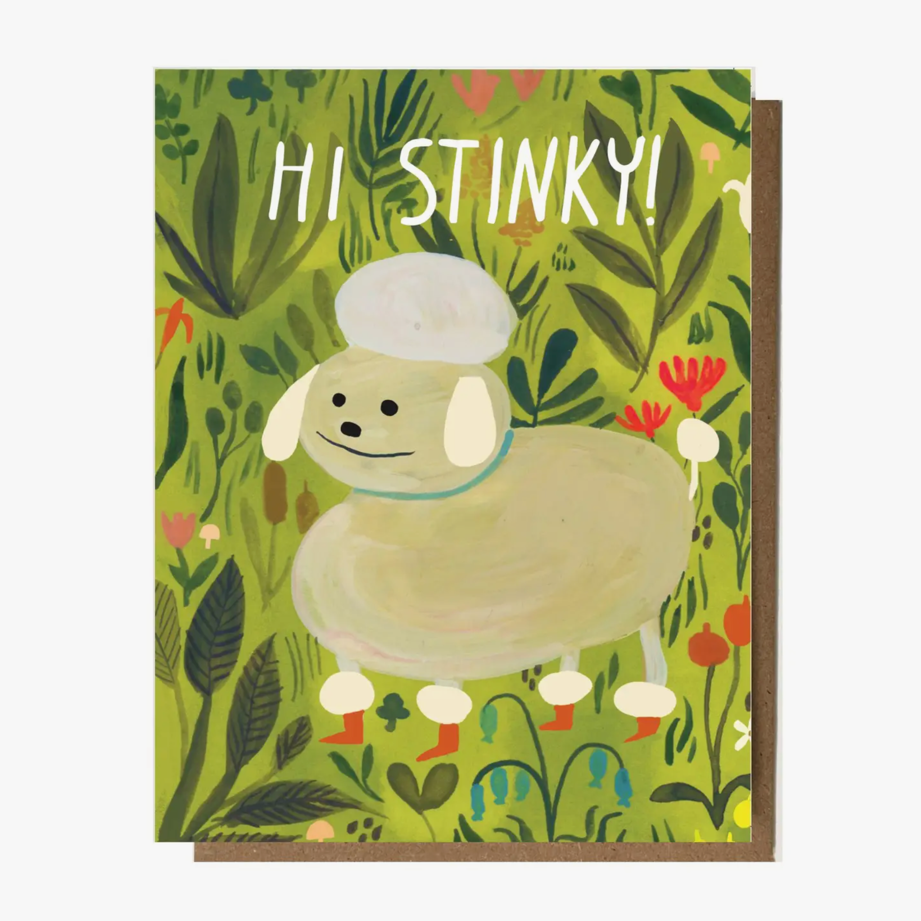A greeting card with an illustration of a dog in a forest-like setting, accompanied by the text 'Hi Stinky!'.