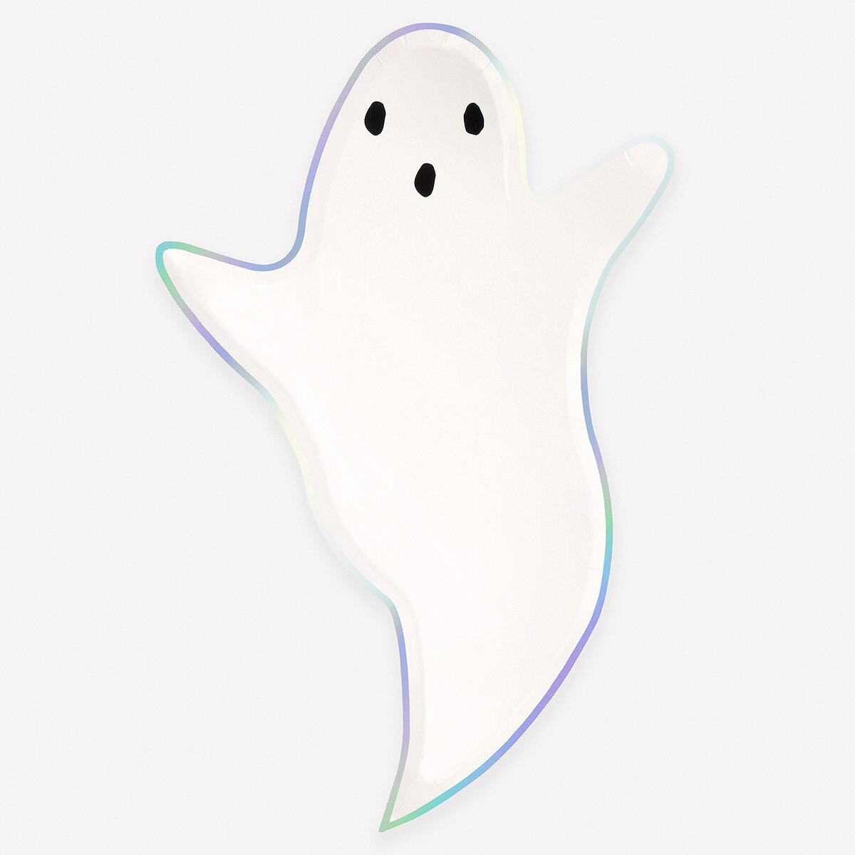 Ghost-shaped paper plate with a holographic outline on a white background