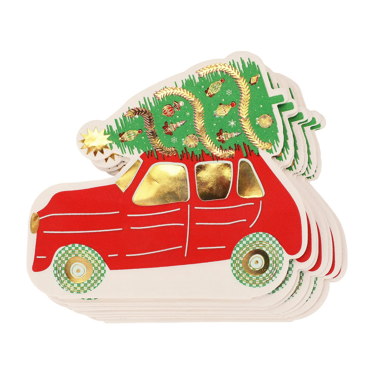 Napkin with a red car carrying a Christmas tree on top, on a white background