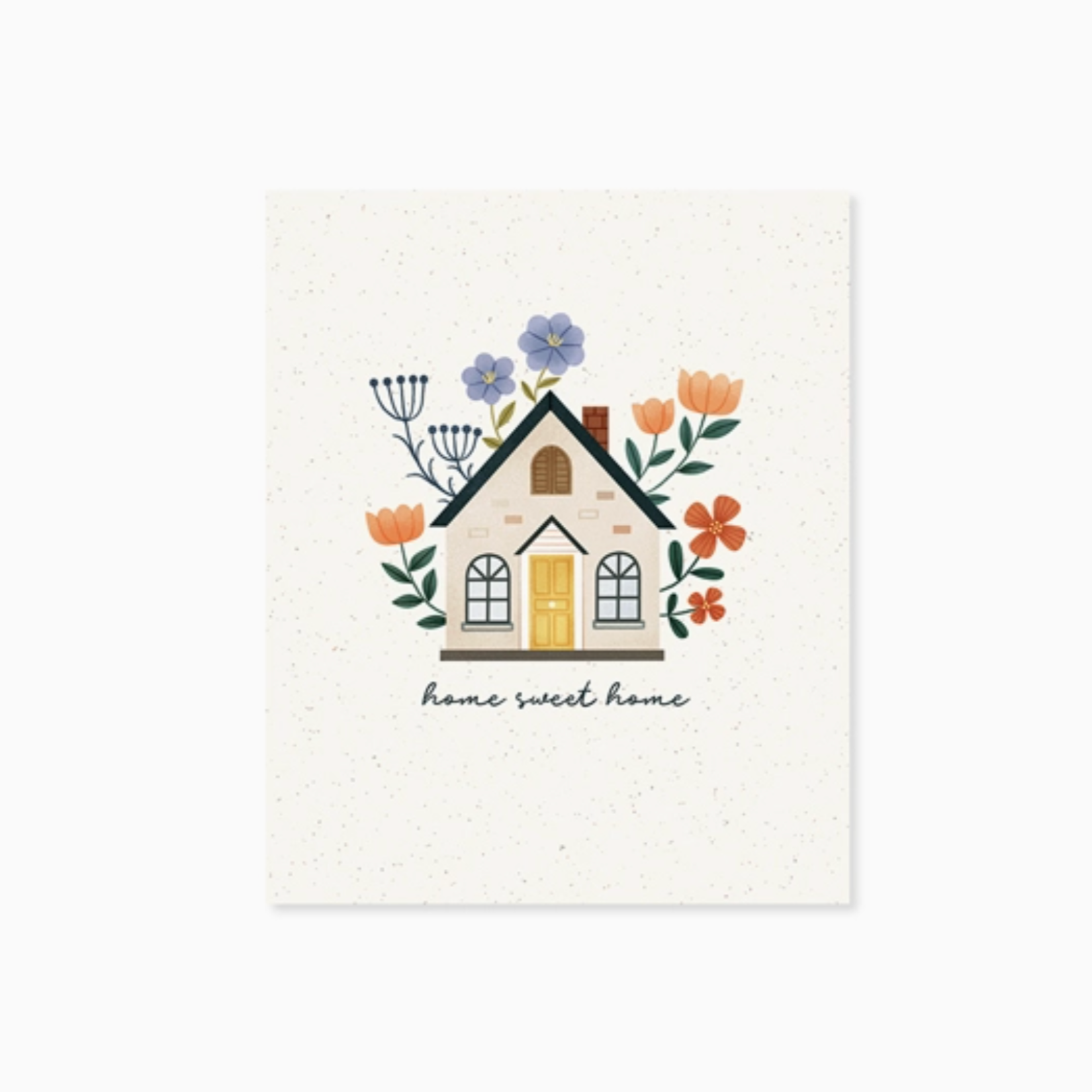 A greeting card with a pop-up design featuring a house, surrounded by floral elements and the text 'home sweet home'.