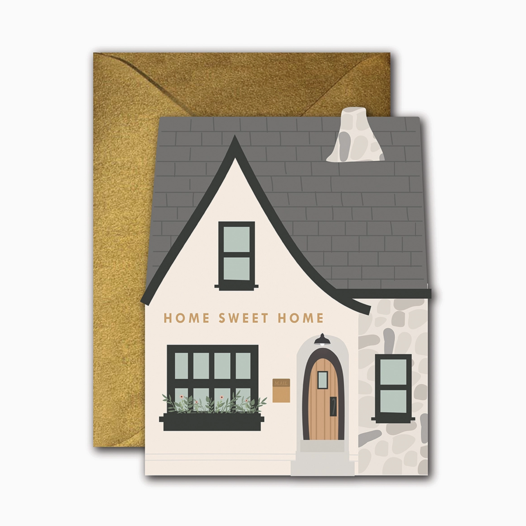 A folded greeting card with a house design and the text 'HOME SWEET HOME' on the front, accompanied by a golden envelope.