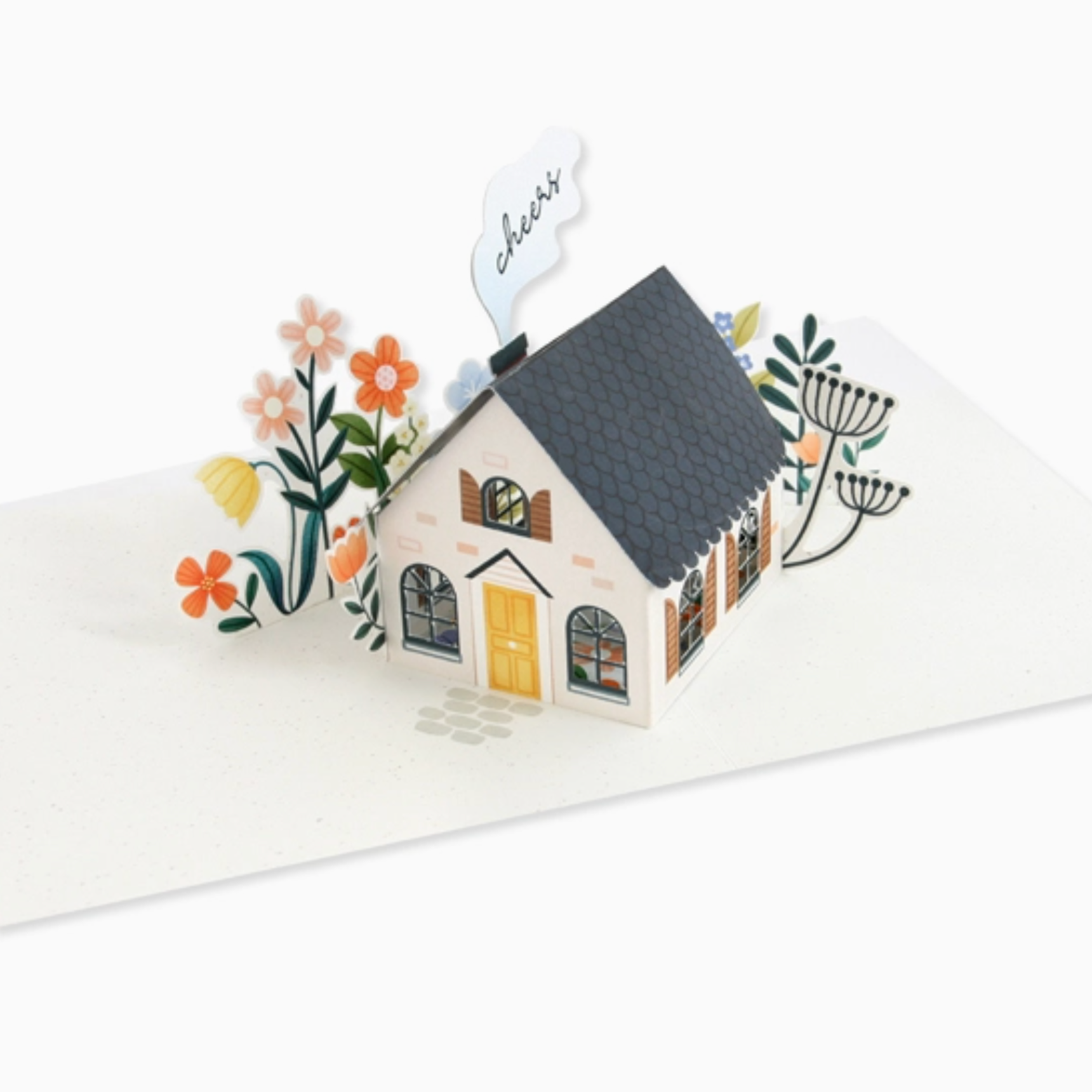 A pop-up design featuring a house wiht flowers and chimney smoke with the word "cheers"