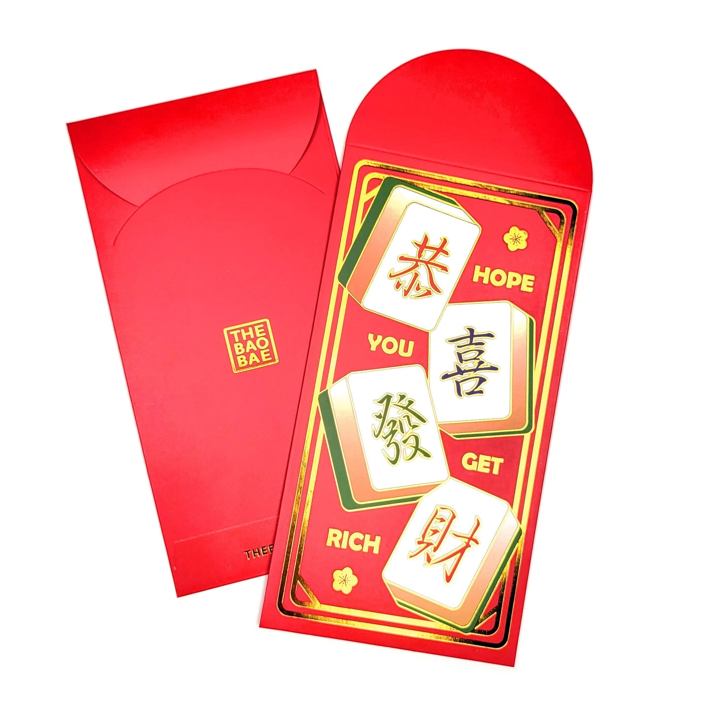 Red envelopes with Chinese characters and gold accents on a white background
