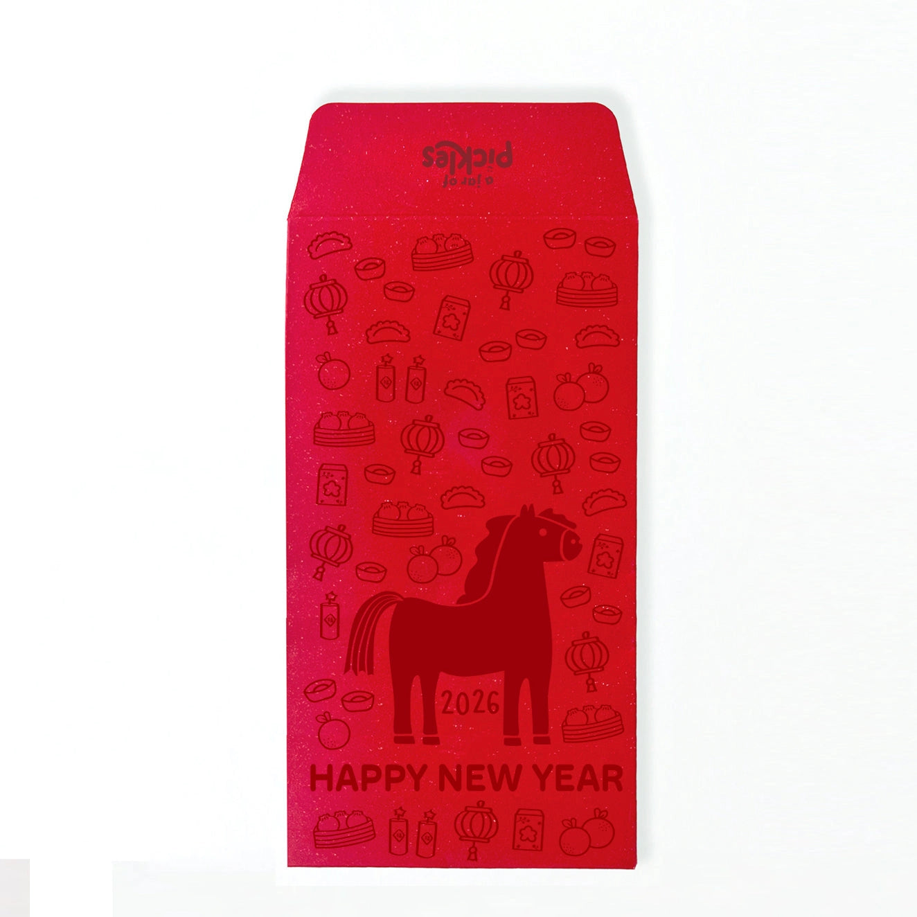 Red envelope with horse design and 'Happy New Year' text on a white background