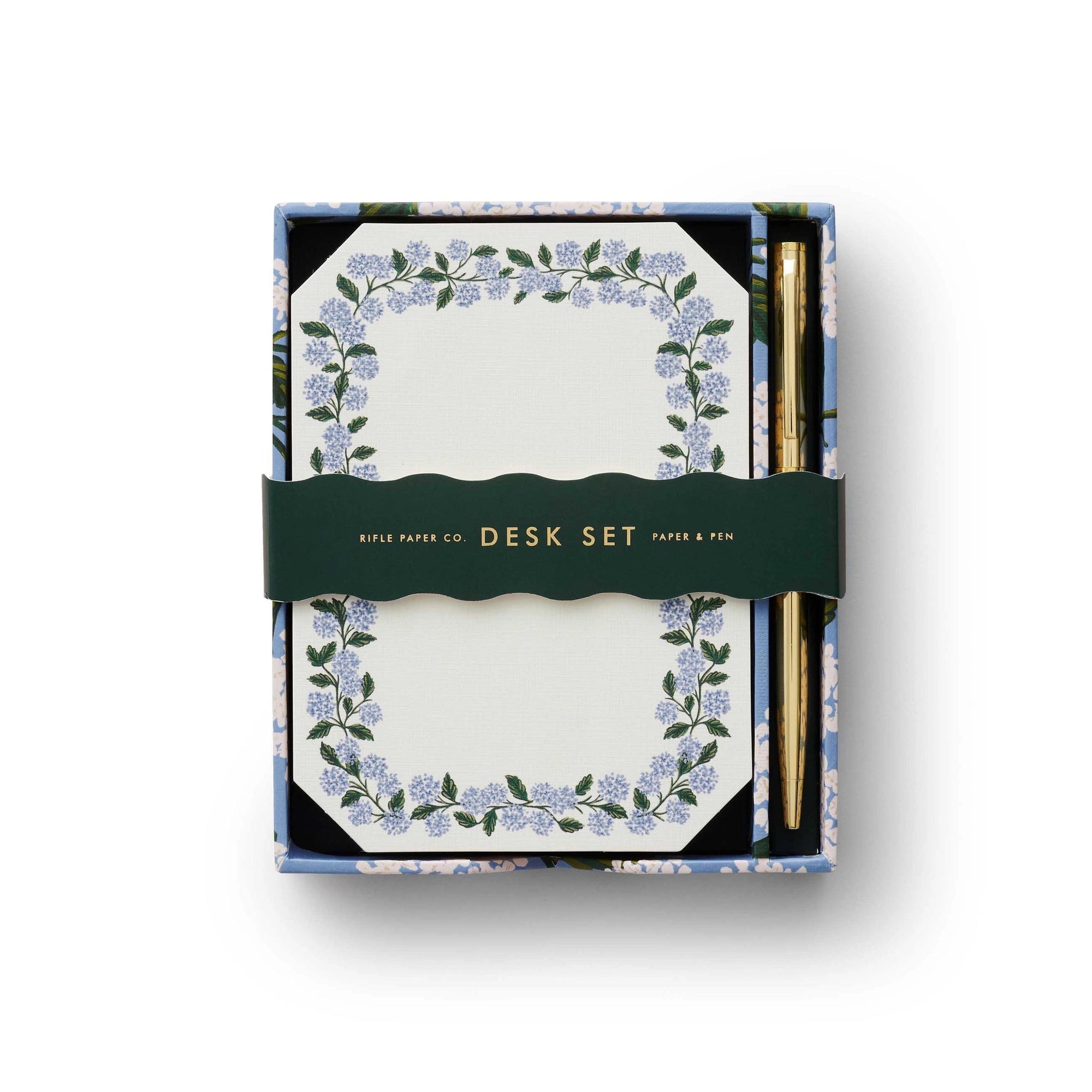 A boxed stationery set with hydrangea border on a white paper. Gold pen included in the boxed set.