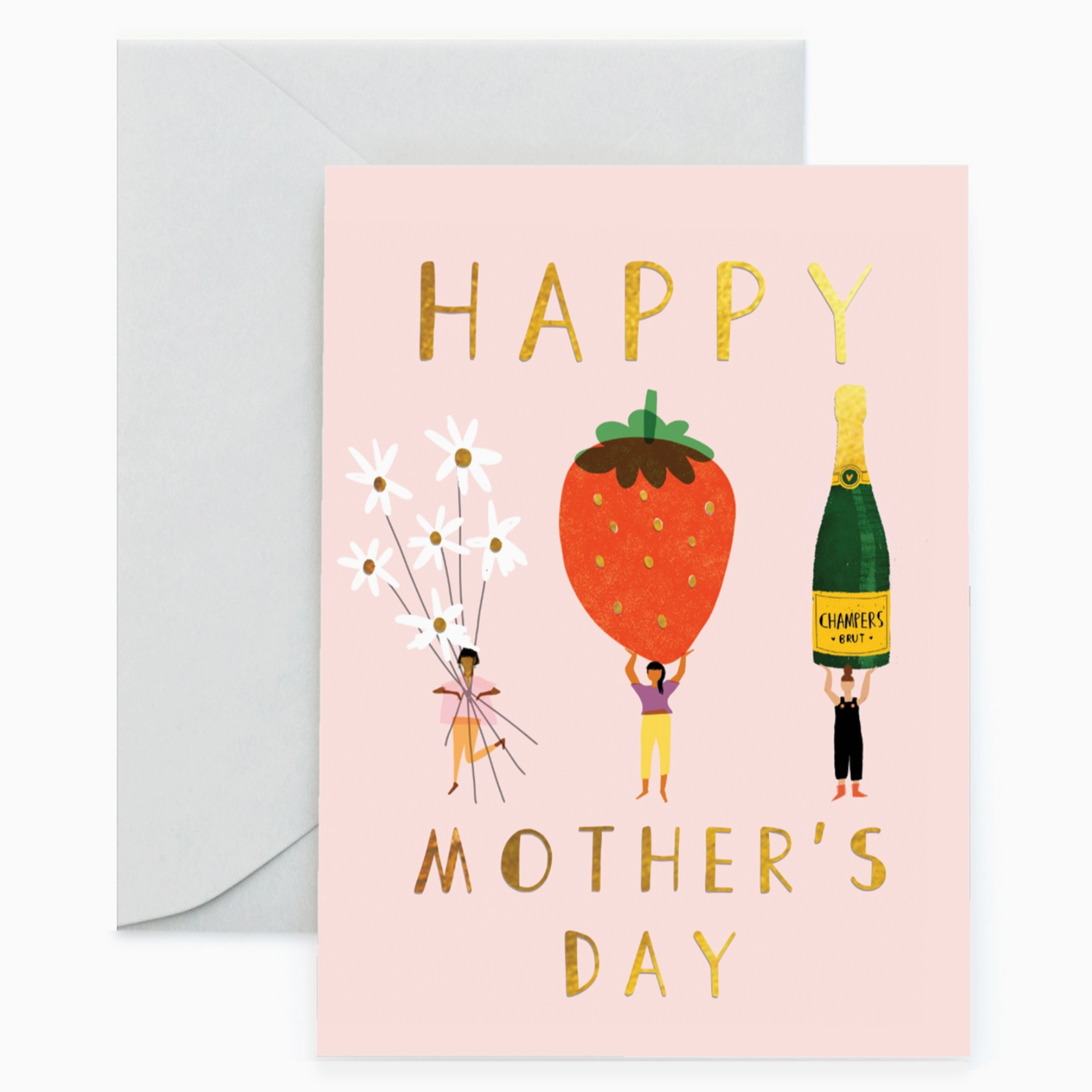 A pink mother's day card with flowers, strawberry and champagne
