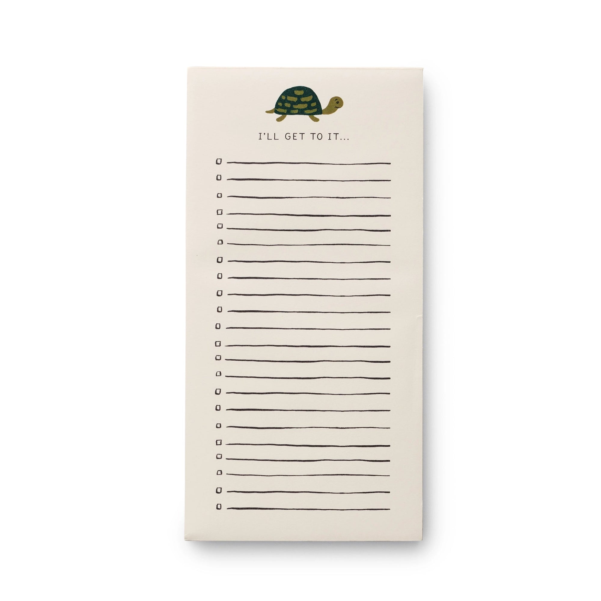 Notepad with turtle illustration and text 'I'll get to it...' on a white background