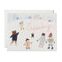 Greeting card with artic animals dressed in warm clothes and on skis in the snow. Pink metallic text reads "Season's Greetings"