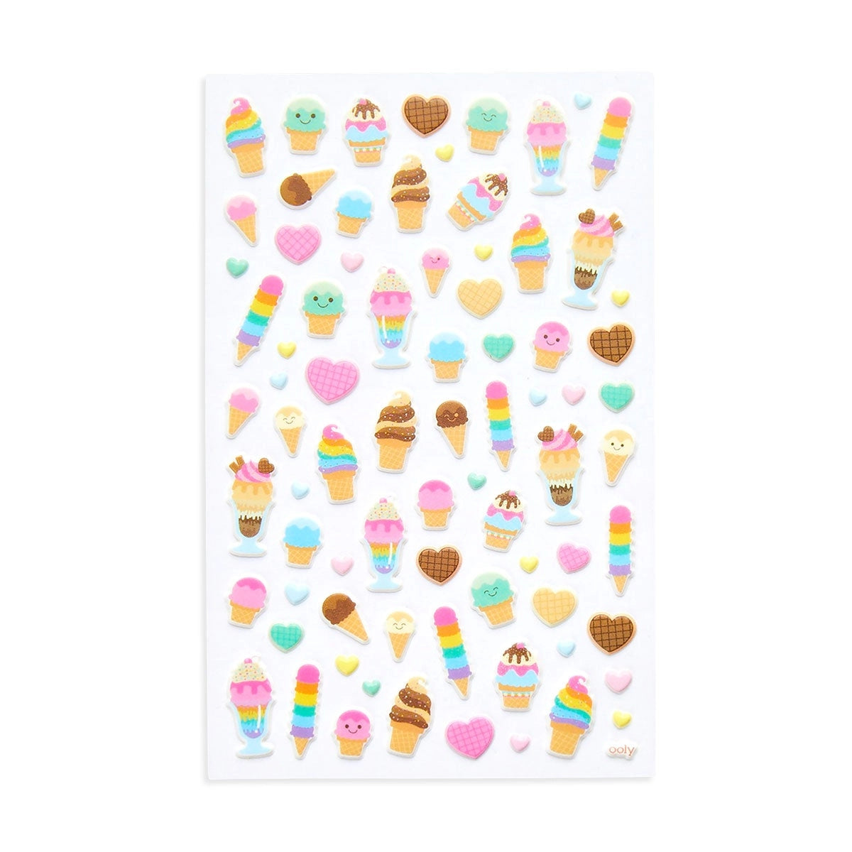 Sticker sheet with colorful ice cream and heart designs on a white background